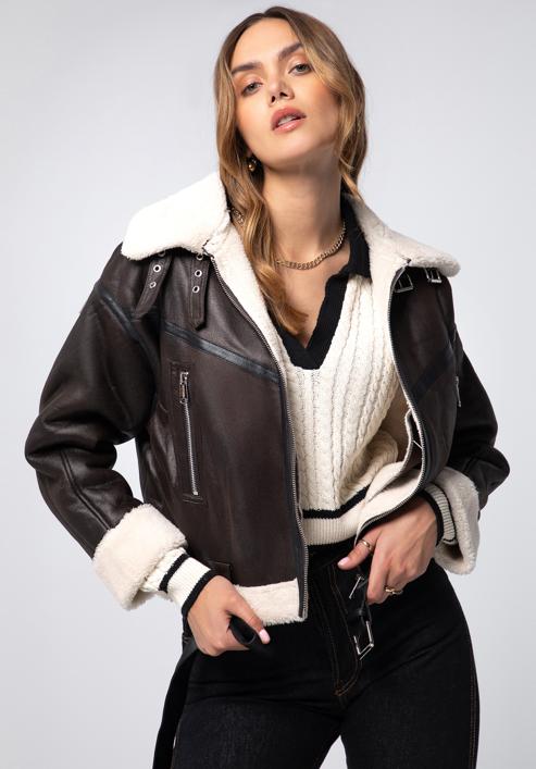 Women's cropped jacket with faux fur, dark brown, 97-9P-106-5-2XL, Photo 5