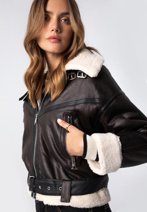 Women's cropped jacket with faux fur, dark brown, 97-9P-106-1-2XL, Photo 6