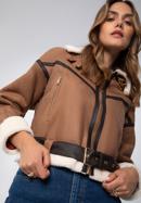 Damska kurtka podszyta sztucznym futerkiem oversize z paskiem, brązowy, 97-9P-106-4-2XL, Zdjęcie 6
