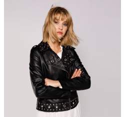 Women's biker jacket with eyelet detail, black, 92-9P-104-1-XL, Photo 1