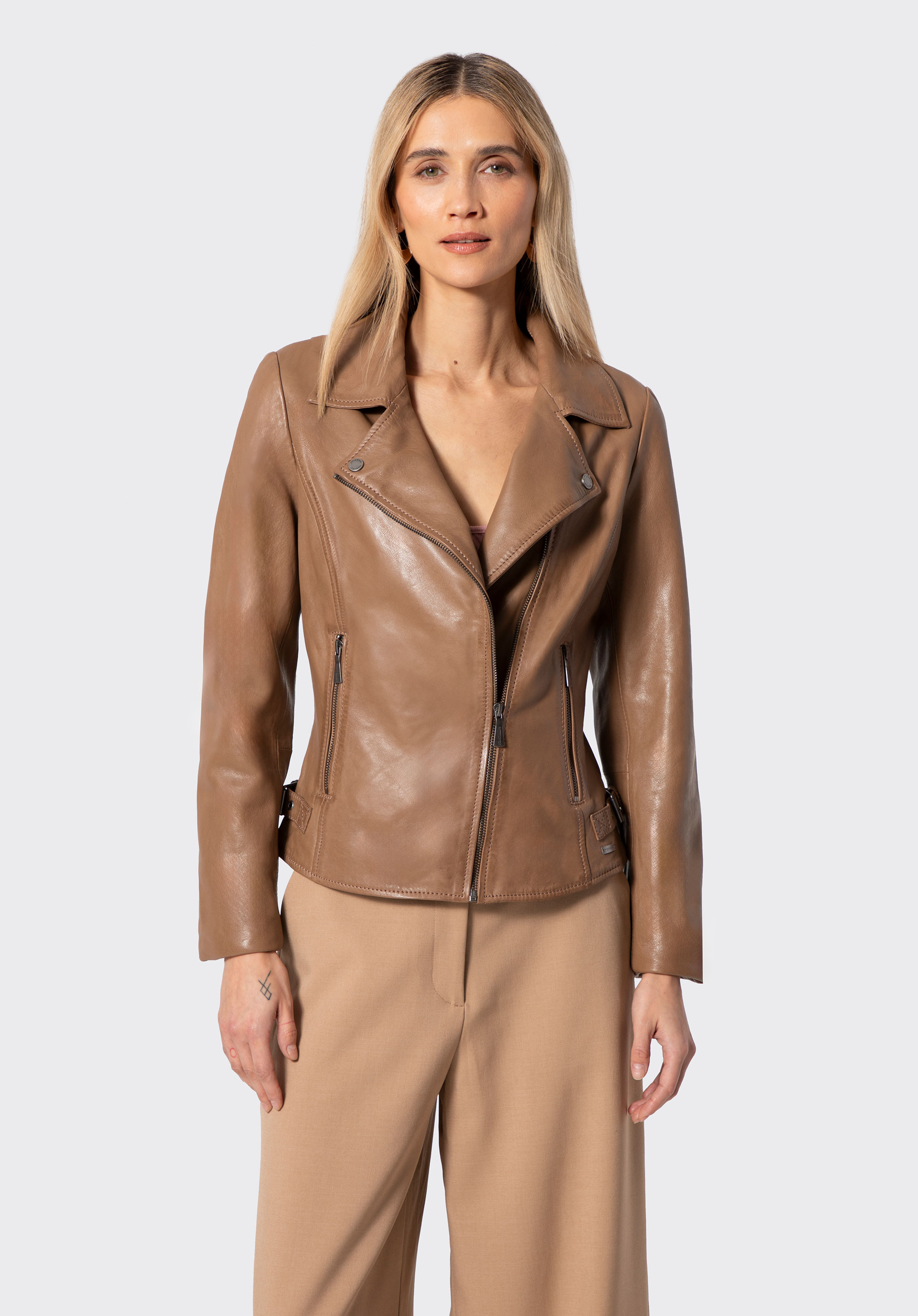 Damska kurtka ramoneska ze skóry naturalnej owczej, ciemny  beż, 102-09-400-9-S, Zdjęcie 1