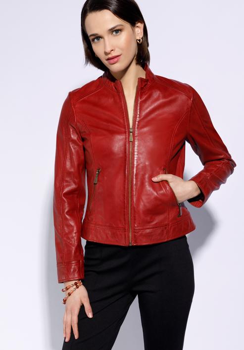 Damska kurtka skórzana klasyczna, czerwony, 96-09-803-1-XL, Zdjęcie 1