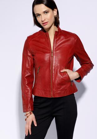 Damska kurtka skórzana klasyczna, czerwony, 96-09-803-3-XL, Zdjęcie 1