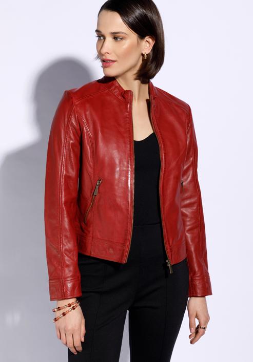 Women's leather biker jacket, red, 96-09-803-1-XL, Photo 2
