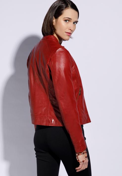 Damska kurtka skórzana klasyczna, czerwony, 96-09-803-1-XL, Zdjęcie 4