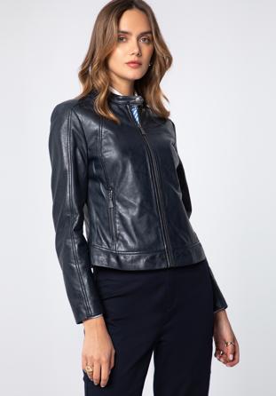 Women's leather jacket, navy blue, 97-09-804-N-S, Photo 1