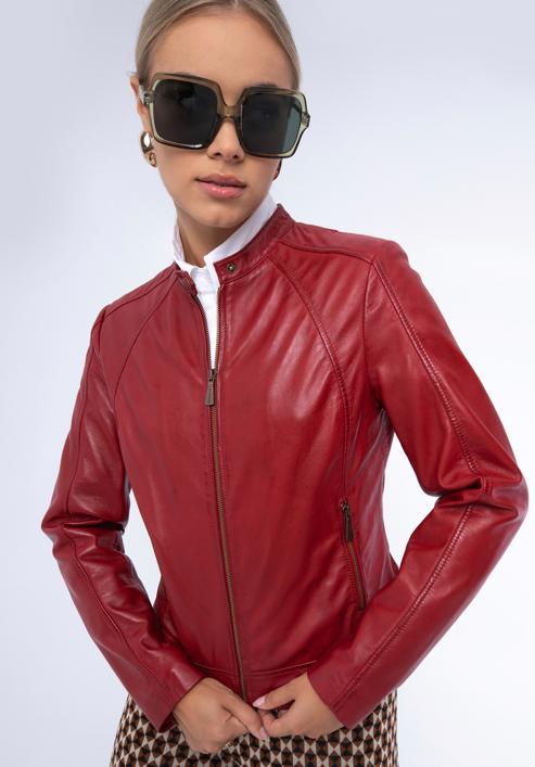 Damska kurtka skórzana klasyczna ze stójką, czerwony, 97-09-804-5-XL, Zdjęcie 1
