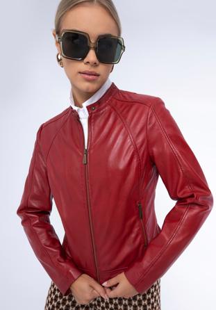 Damska kurtka skórzana klasyczna ze stójką, czerwony, 97-09-804-3-XL, Zdjęcie 1