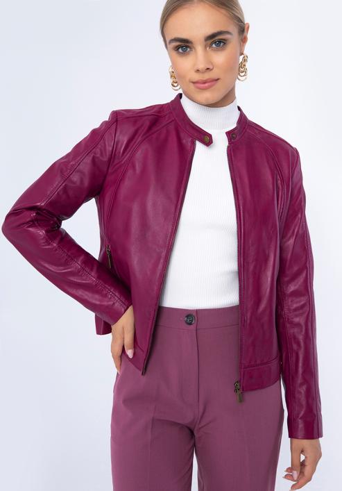 Damska kurtka skórzana klasyczna ze stójką, różowy, 97-09-804-5-L, Zdjęcie 1