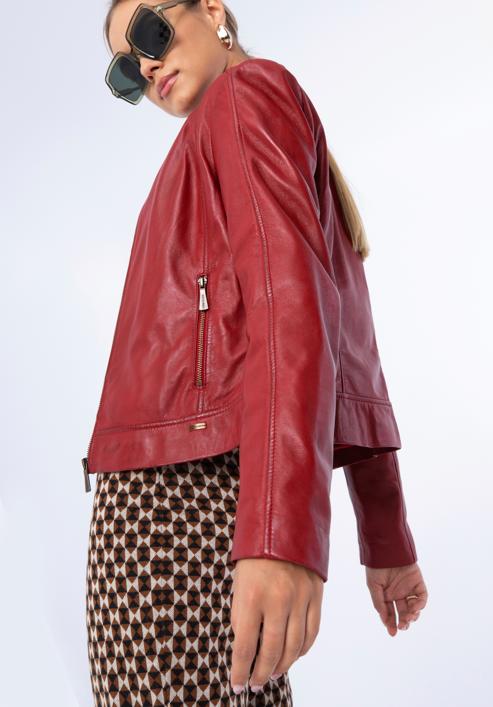 Damska kurtka skórzana klasyczna ze stójką, czerwony, 97-09-804-4-M, Zdjęcie 17