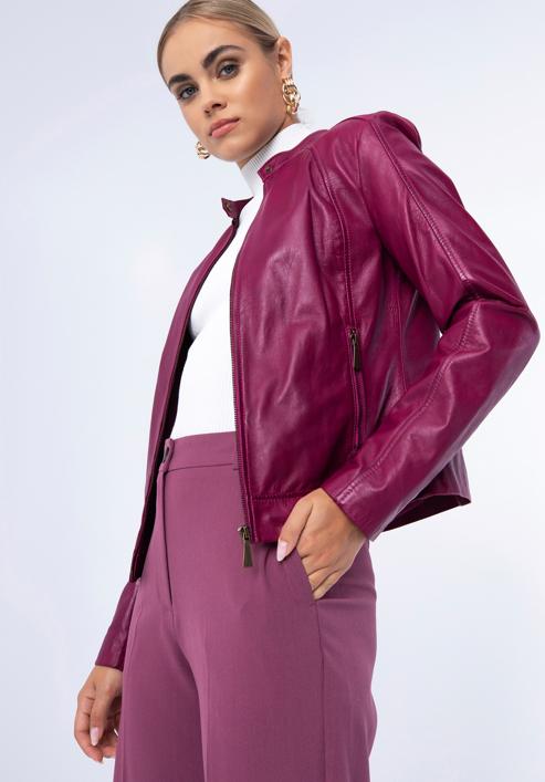 Damska kurtka skórzana klasyczna ze stójką, różowy, 97-09-804-N-2XL, Zdjęcie 17