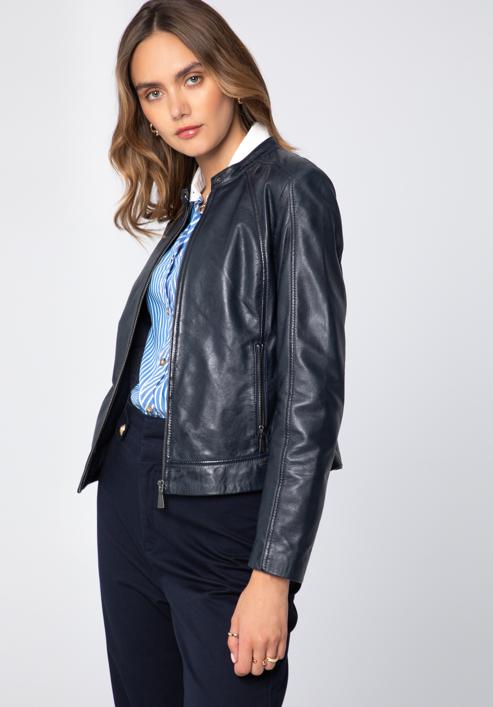 Women's leather jacket, navy blue, 97-09-804-D3-L, Photo 5