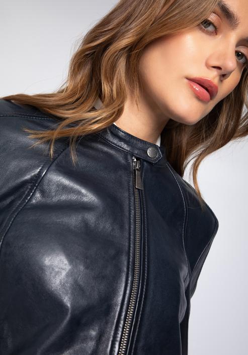 Women's leather jacket, navy blue, 97-09-804-D3-L, Photo 6
