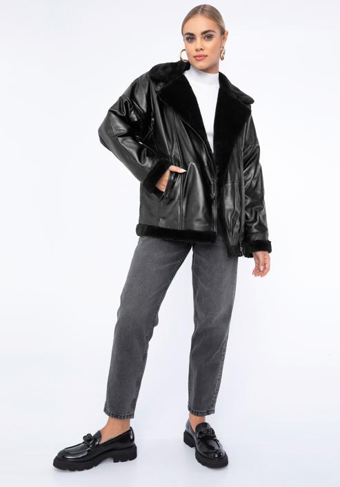 Damska kurtka skórzana oversizowa ze sztucznym futerkiem, czarny, 97-09-800-1-S, Zdjęcie 6