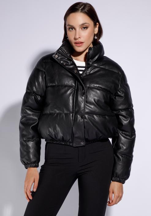 Women's faux leather puffer jacket, black, 95-9D-100-1-L, Photo 1