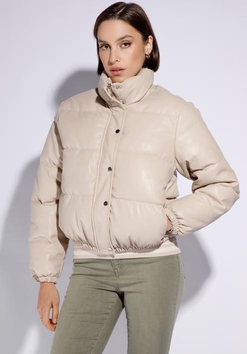 Women's faux leather puffer jacket, light beige, 95-9D-100-1-M, Photo 1