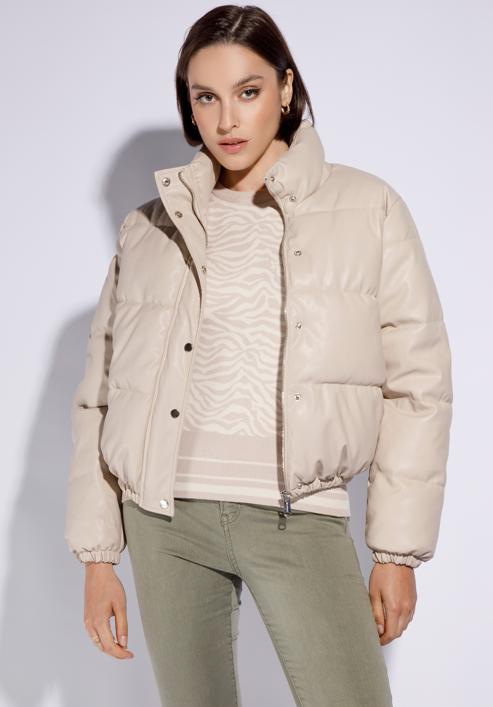 Women's faux leather puffer jacket, light beige, 95-9D-100-9-L, Photo 2
