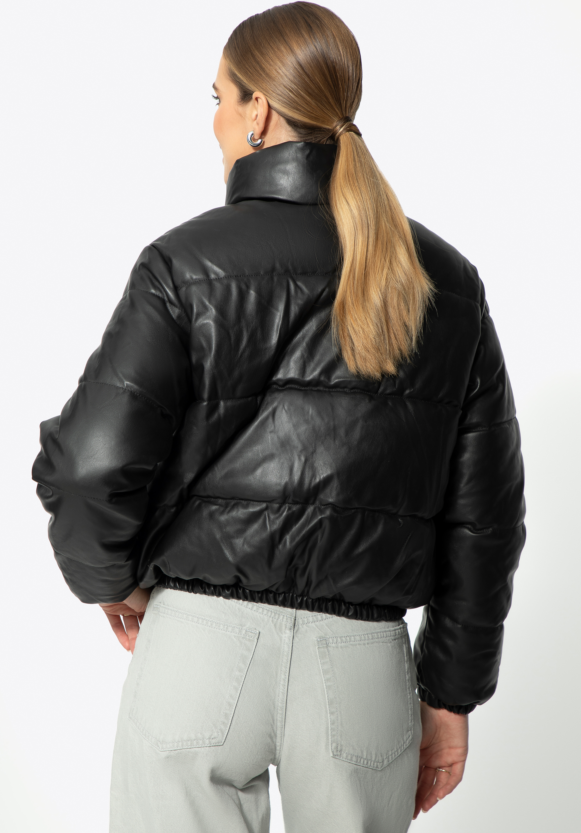 Black faux leather puffer cheap jacket