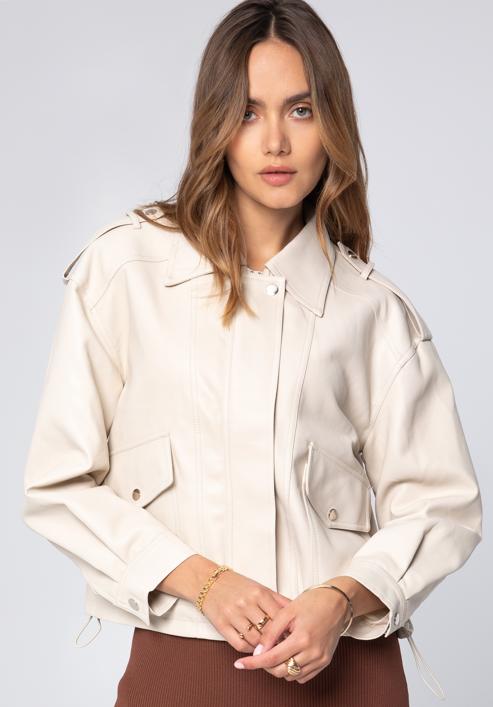 Women's faux leather oversize jacket, cream, 97-9P-105-P-L, Photo 4