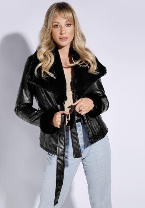 Faux leather biker jacket with faux fur collar, black, 95-9P-106-1-L, Photo 1