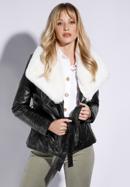 Faux leather biker jacket with faux fur collar, black-white, 95-9P-106-1-M, Photo 1
