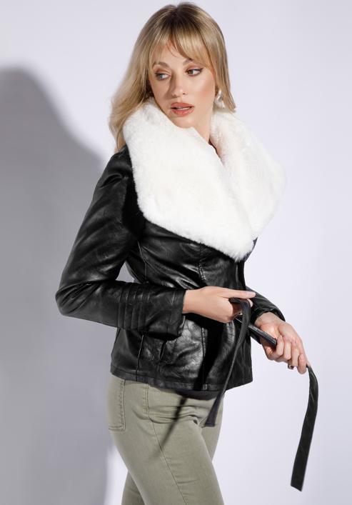 Faux leather biker jacket with faux fur collar, black-white, 95-9P-106-10-3XL, Photo 3
