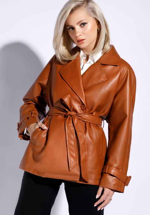 Women's faux leather belted jacket, brown, 96-9P-104-3-S, Photo 1