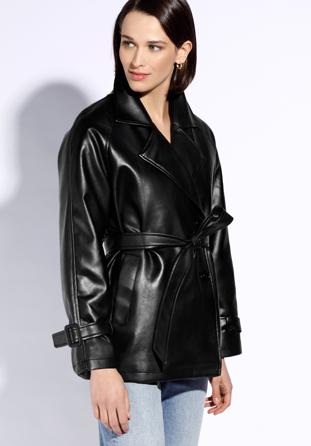 Women's faux leather belted jacket, black, 96-9P-104-1-M, Photo 1