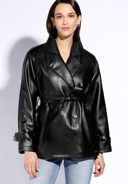 Women's faux leather belted jacket, black, 96-9P-104-1-XL, Photo 3