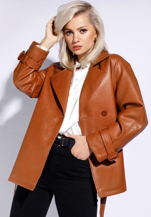 Women's faux leather belted jacket, brown, 96-9P-104-3-S, Photo 3