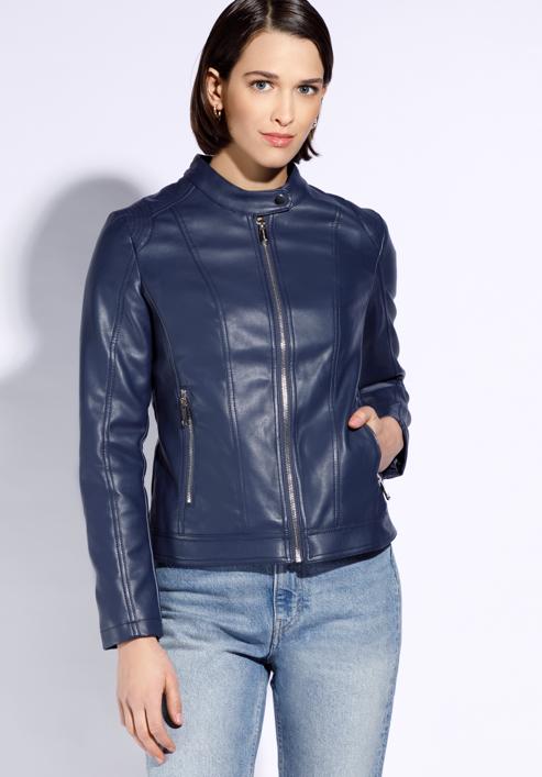 Women's faux leather racer jacket, navy blue, 96-9P-108-0-L, Photo 1