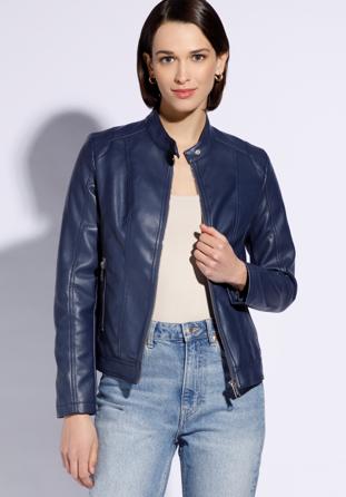 Women's faux leather racer jacket, navy blue, 96-9P-108-N-S, Photo 1