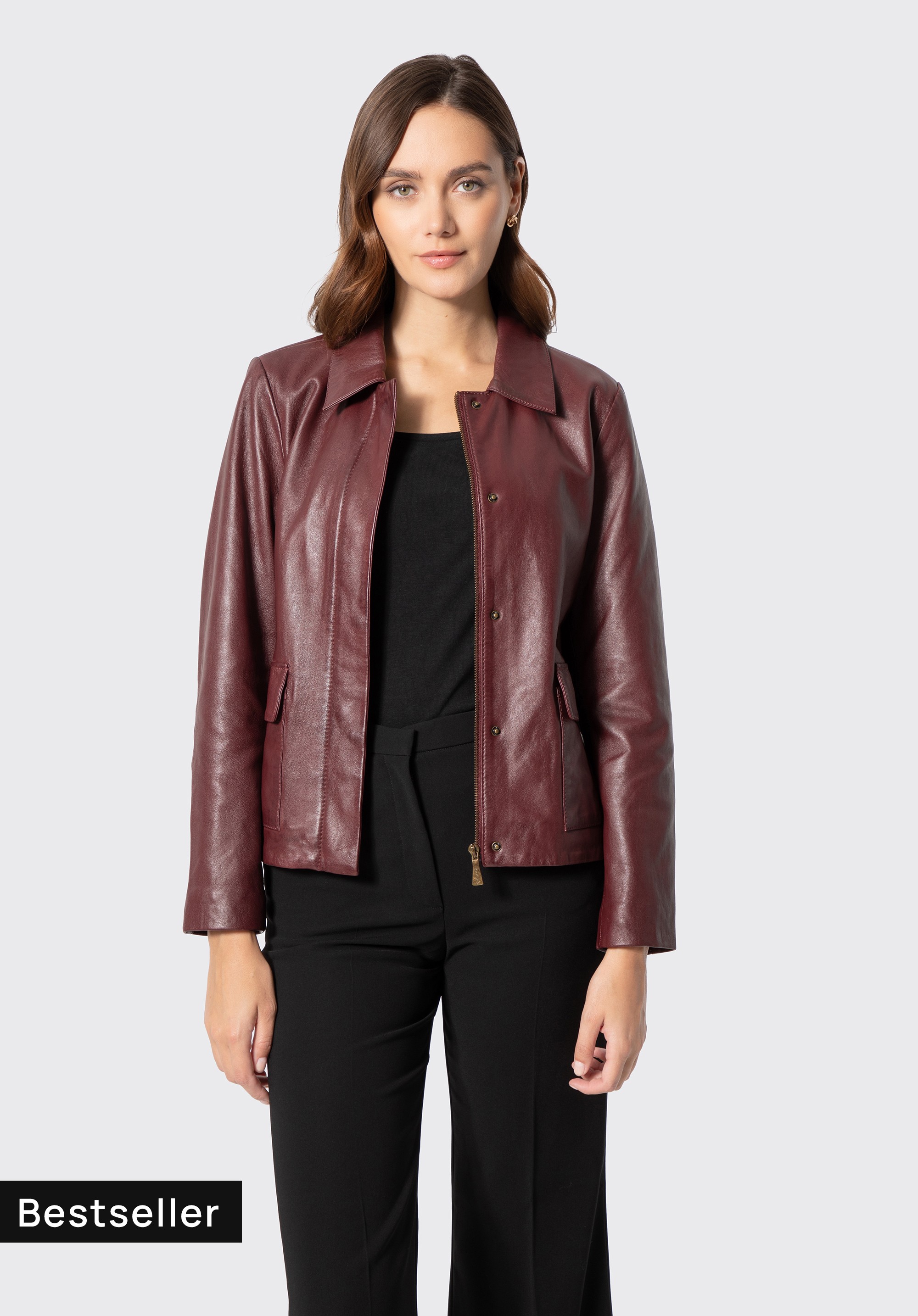 Women's leather collared jacket, burgundy, 103-09-404-3-2XL, Photo 1