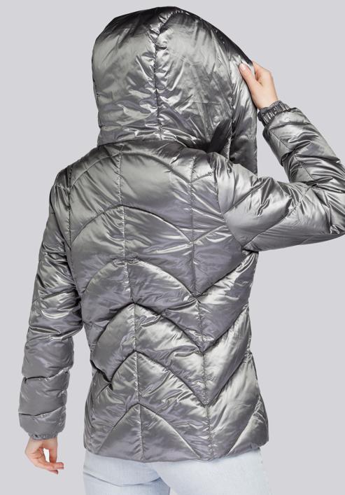 Damska kurtka z nylonu pikowana w zygzaki, srebrny, 93-9D-403-8-M, Zdjęcie 3
