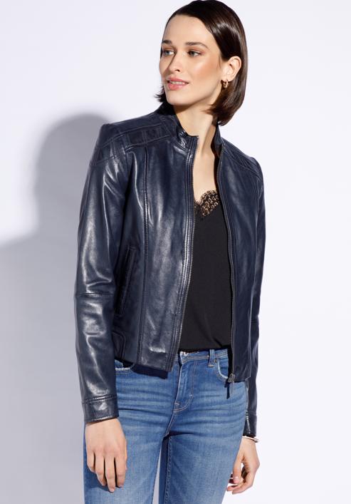Women's leather jacket, navy blue, 96-09-800-P-2XL, Photo 1