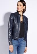 Women's leather jacket, navy blue, 96-09-800-1-M, Photo 1