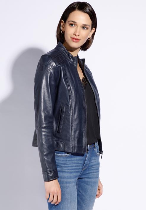 Women's leather jacket, navy blue, 96-09-800-1-M, Photo 2