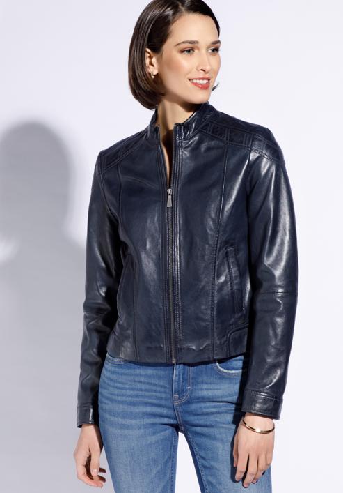Women's leather jacket, navy blue, 96-09-800-N-L, Photo 4