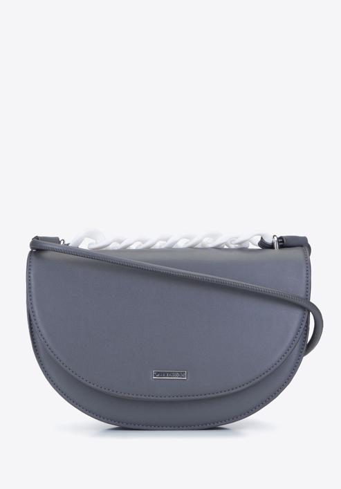 Faux leather saddle bag with chain detail, grey, 93-4Y-526-1, Photo 1