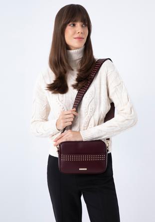 Women's studded crossbody bag, plum, 97-4Y-765-3, Photo 1