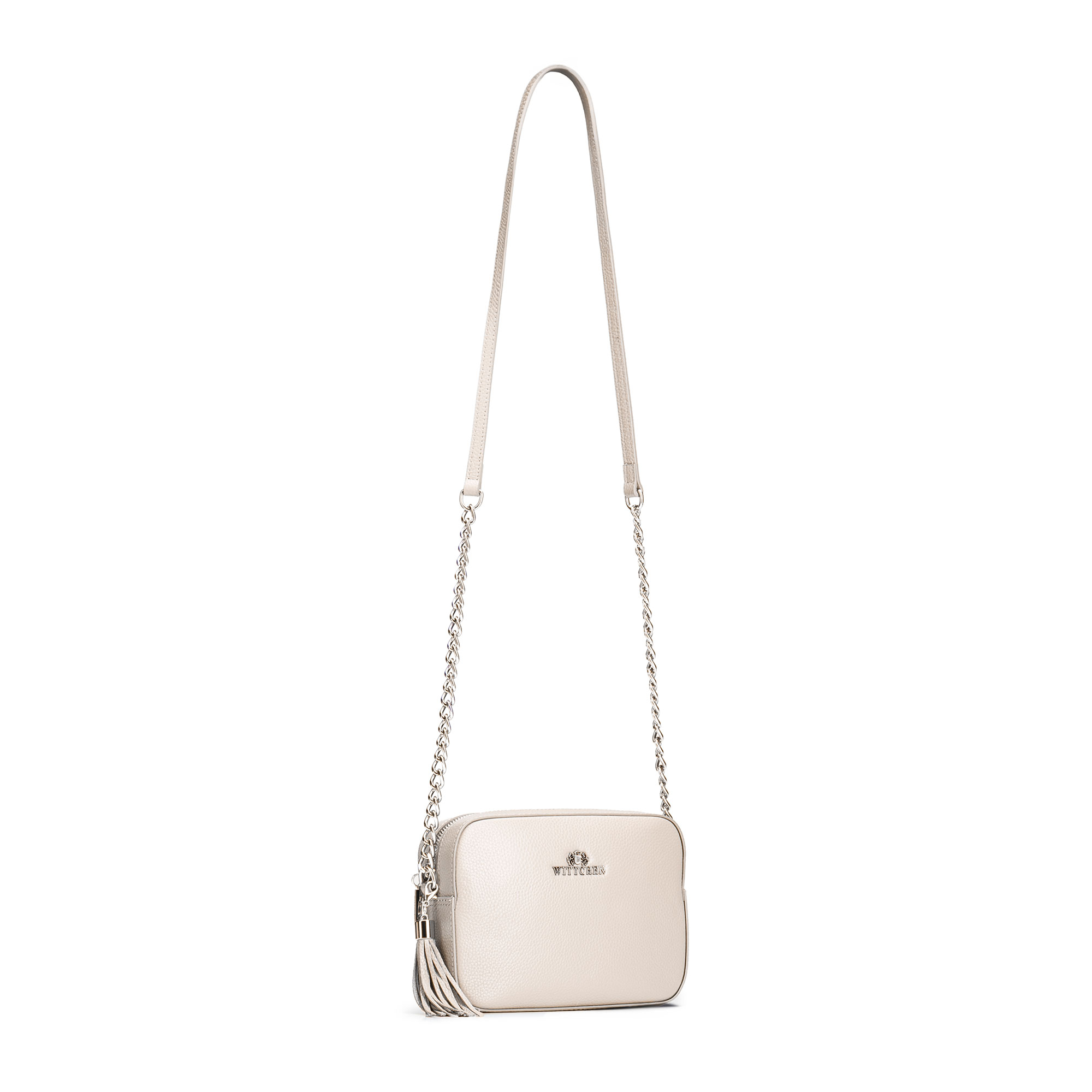 Dámska crossbody kabelka Wittchen z prírodnej kože s retiazkovým detailom a praktickým vzhľadom, Vyberte variant lomená biela