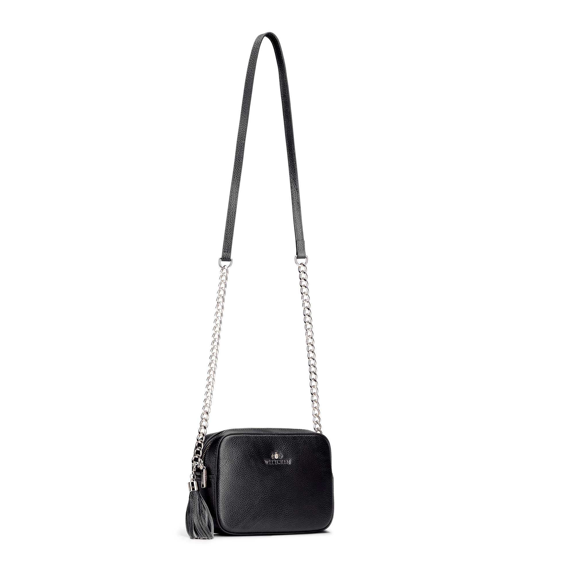 Dámska crossbody kabelka Wittchen z prírodnej kože s retiazkovým detailom a čistým vzhľadom, Vyberte variant čierno-strieborná