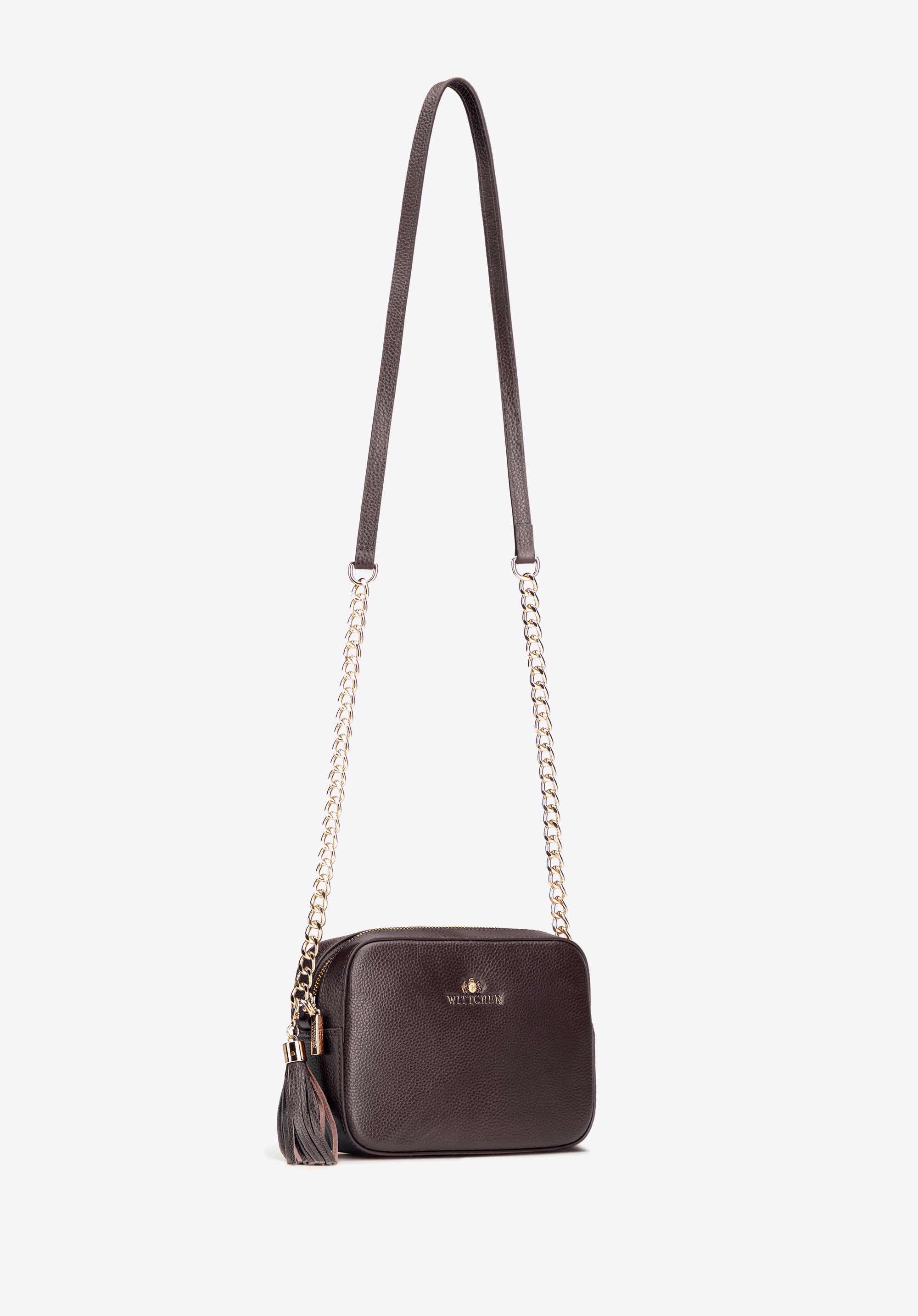 Women's chain leather crossbody bag dark brown