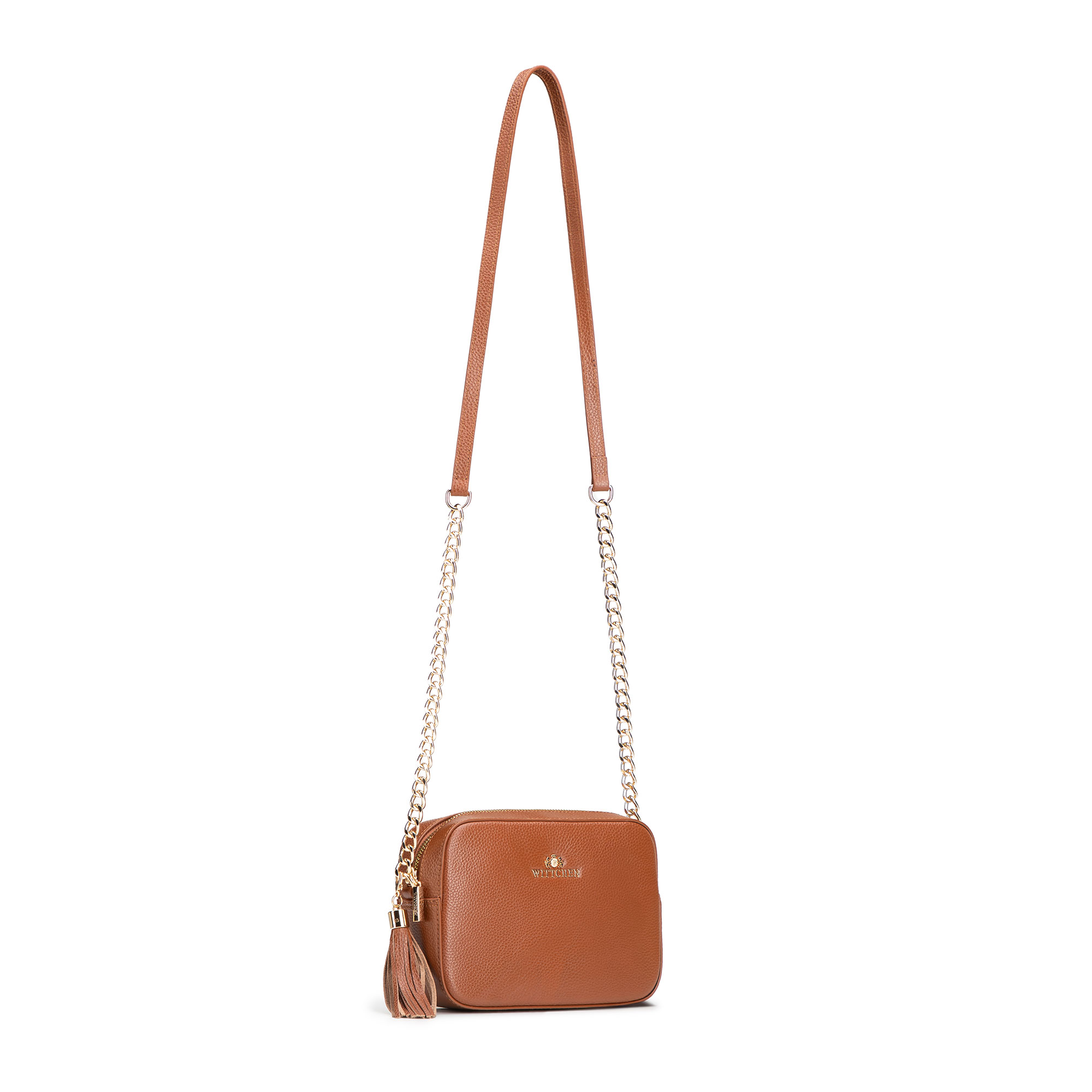 Dámska crossbody kabelka Wittchen z prírodnej kože s retiazkovým detailom a moderným vzhľadom, Vyberte variant hnedá