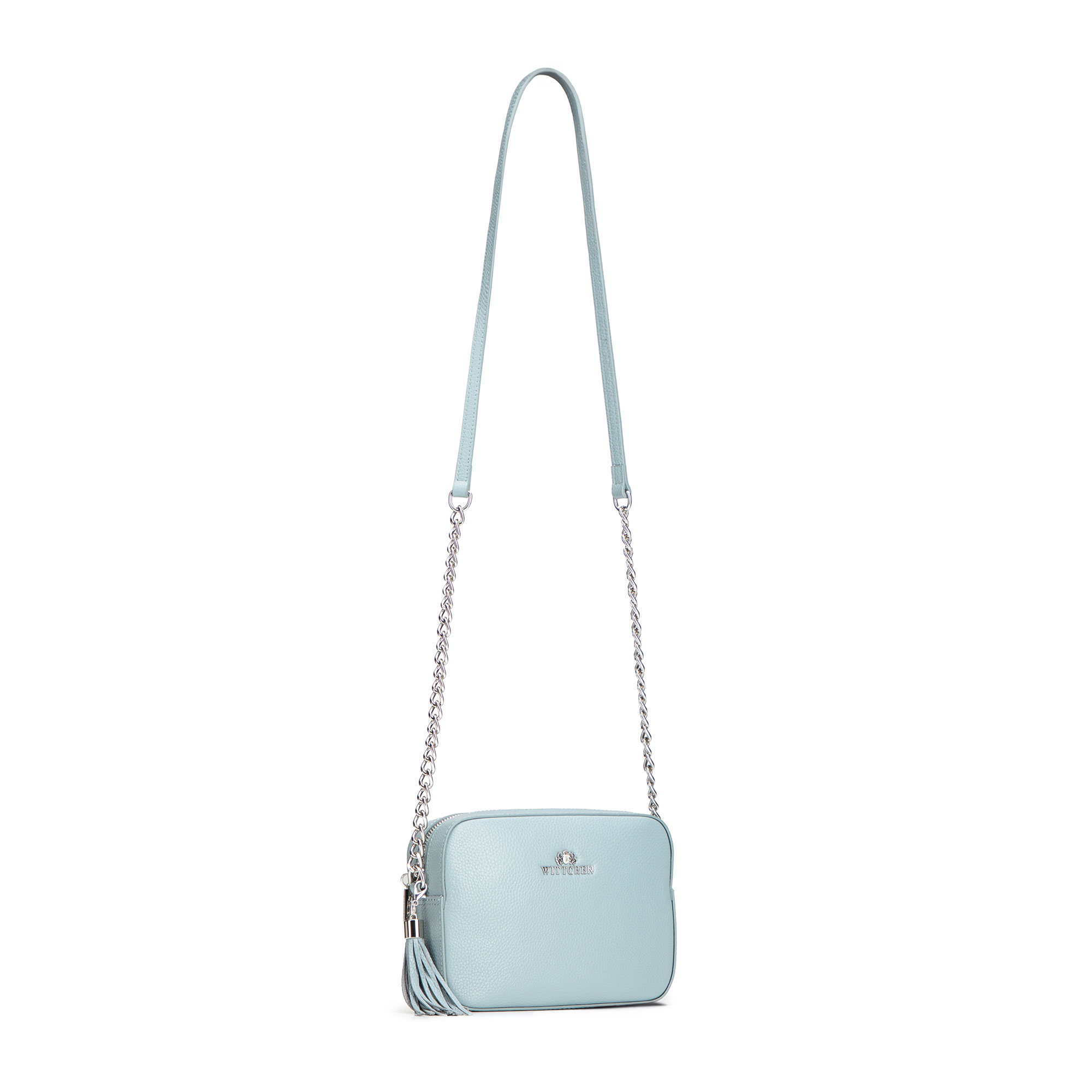 Dámska crossbody kabelka Wittchen z prírodnej kože s retiazkovým detailom a minimalistickým vzhľadom, Vyberte variant svetlomodrá
