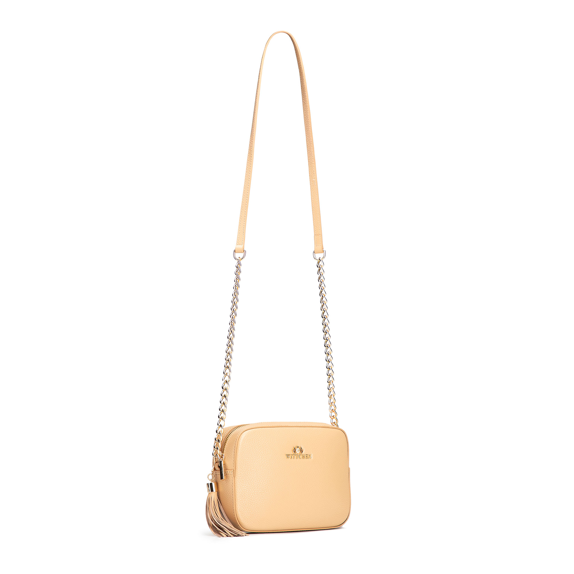 Dámska crossbody kabelka Wittchen z prírodnej kože s retiazkovým detailom a mestským vzhľadom, Vyberte variant béžová