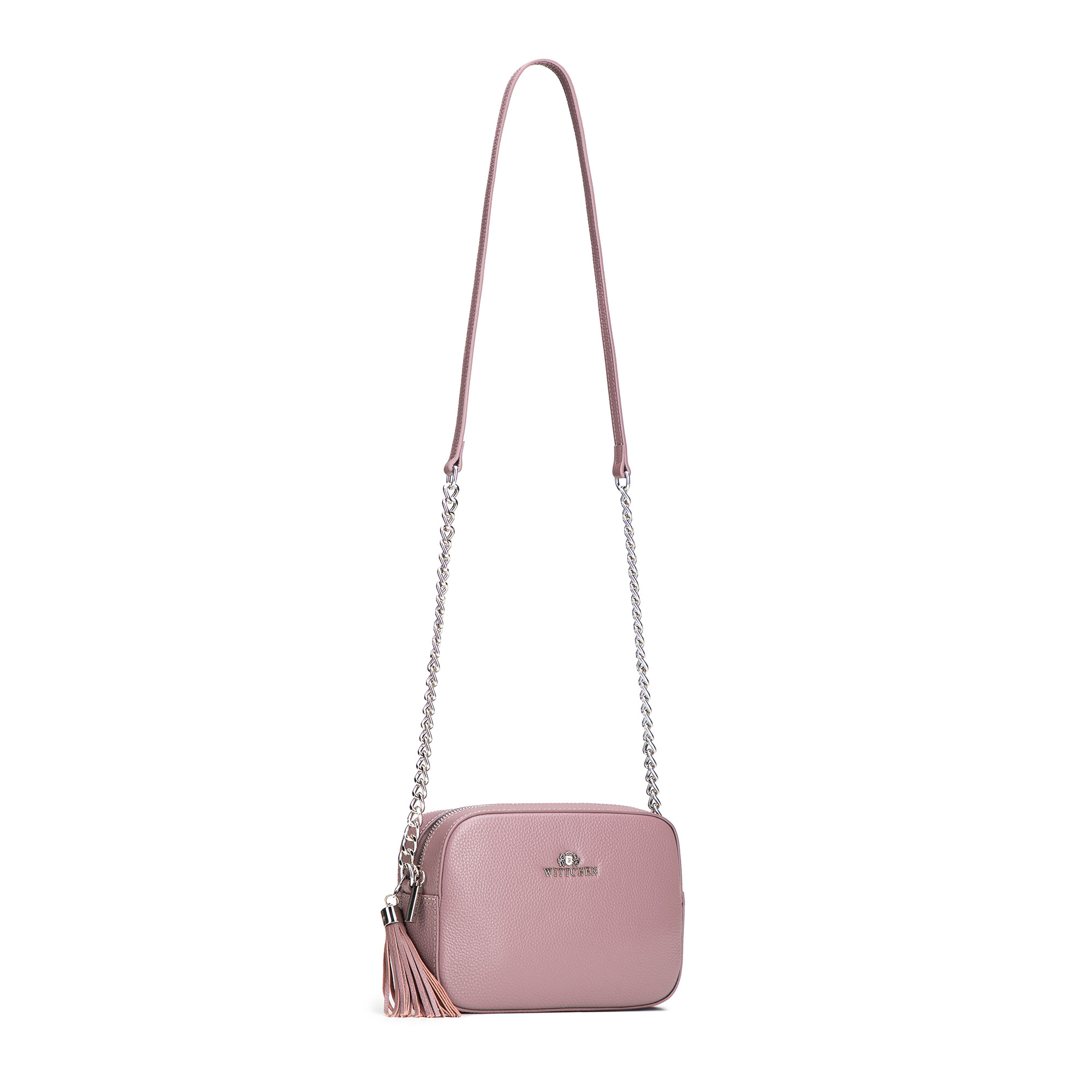Dámska crossbody kabelka Wittchen z prírodnej kože s retiazkovým detailom a výrazným vzhľadom, Vyberte variant fialová