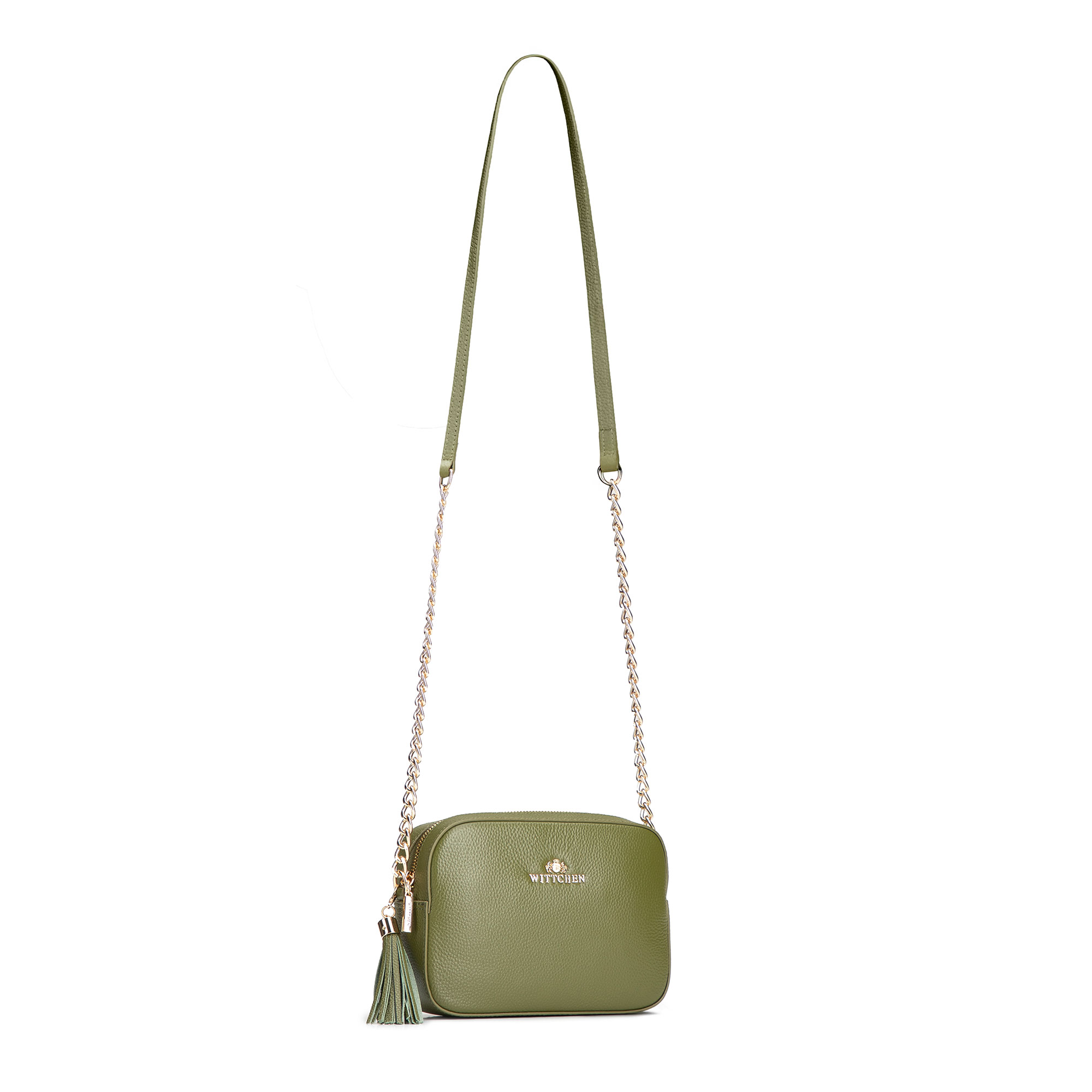 Dámska crossbody kabelka Wittchen z prírodnej kože s retiazkovým detailom, Vyberte variant zelená