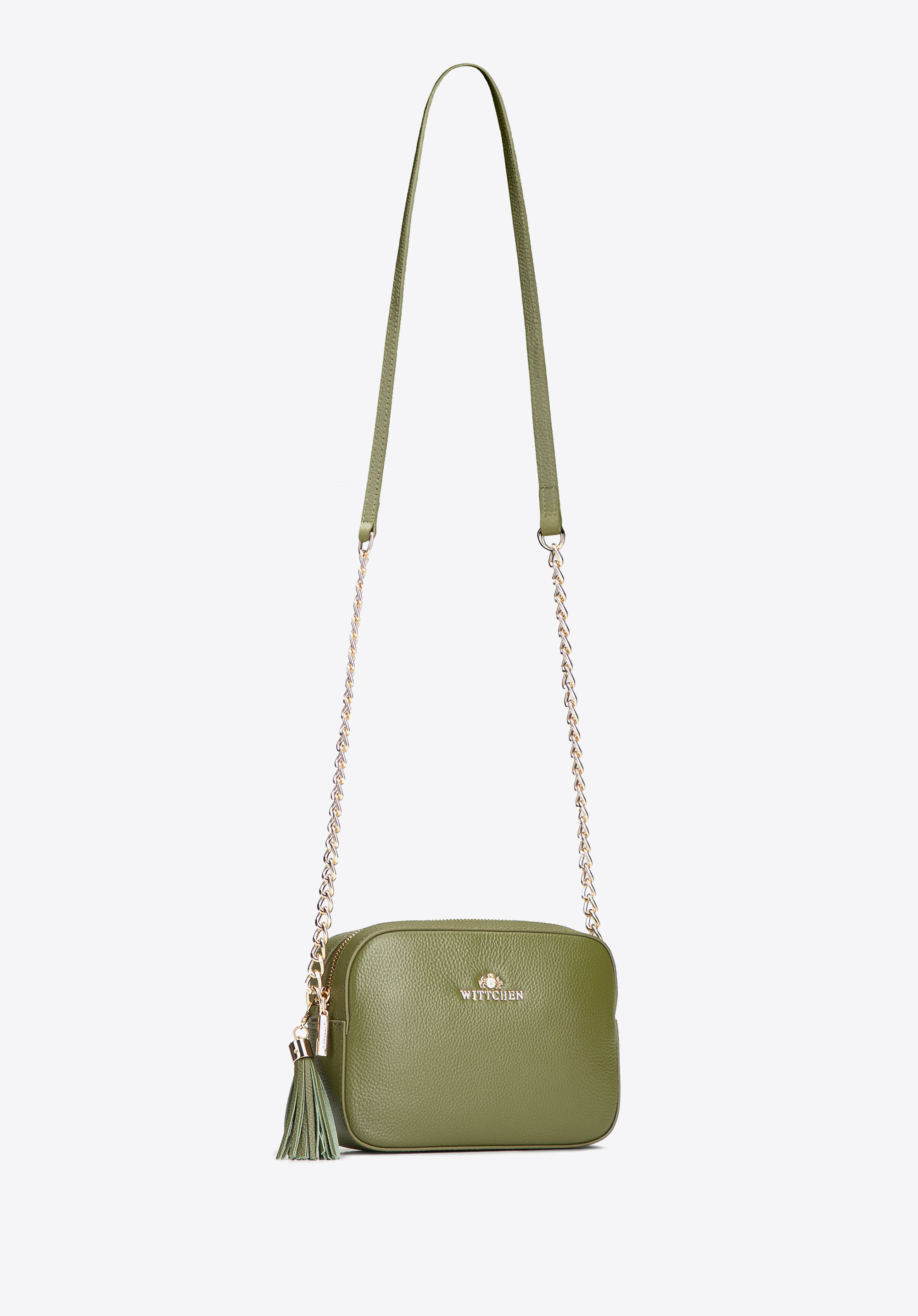 Damska skórzana torba na ramię z łańcuszkiem, zielony, 29-4E-015-Z, Zdjęcie 1