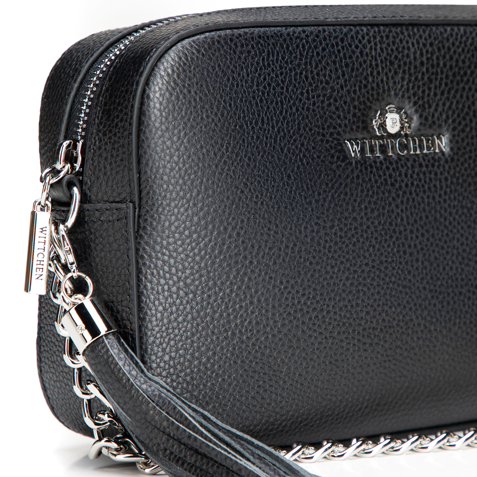 Crossbody kabelka z prírodnej kože s retiazkou 29-4E-015-1S, Vyberte variant čierno-strieborná